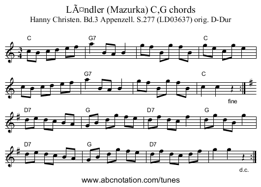 Ländler (Mazurka) C,G chords - staff notation