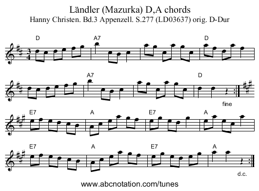 Ländler (Mazurka) D,A chords - staff notation