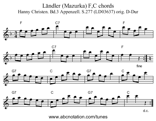 Ländler (Mazurka) F,C chords - staff notation