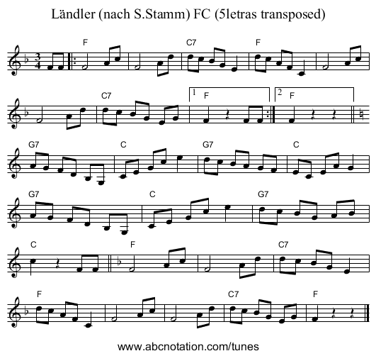 L&auml;ndler (nach S.Stamm) FC (5letras transposed) - staff notation