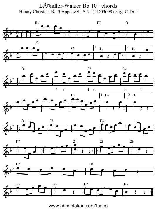 LÃ¤ndler-Walzer Bb 10+ chords - staff notation