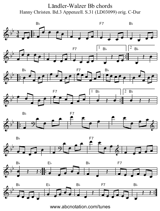 Ländler-Walzer Bb chords - staff notation