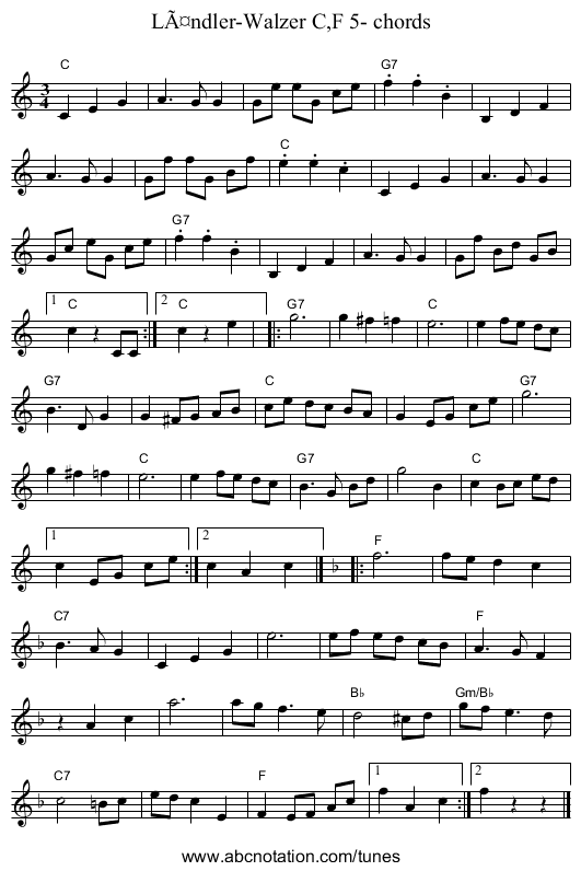 LÃ¤ndler-Walzer C,F 5- chords - staff notation