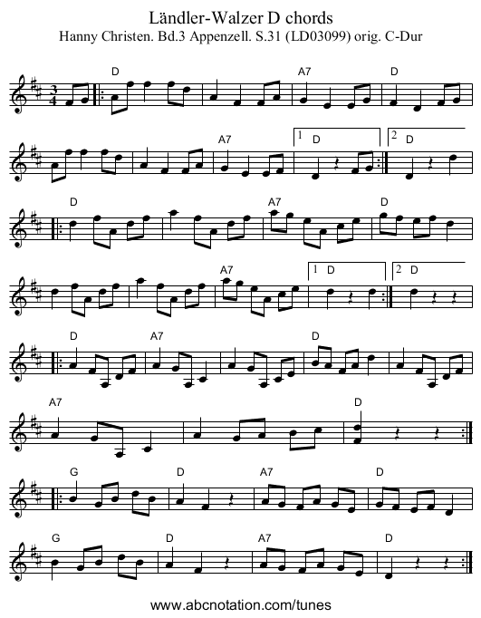 Ländler-Walzer D chords - staff notation