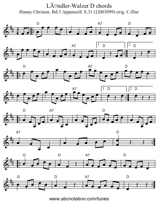 LÃ¤ndler-Walzer D chords - staff notation
