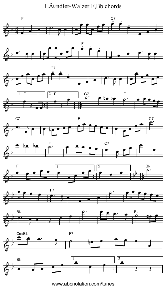 LÃ¤ndler-Walzer F,Bb chords - staff notation