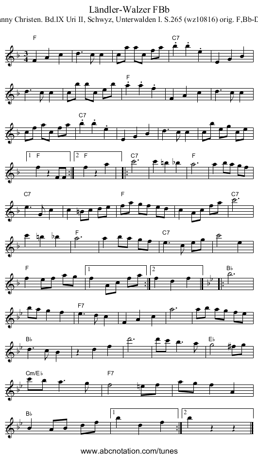 L&auml;ndler-Walzer FBb - staff notation