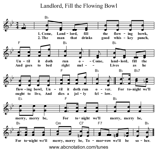 Landlord, Fill the Flowing Bowl - staff notation