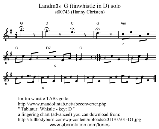 Landm&uuml;s  G (tinwhistle in D) solo - staff notation