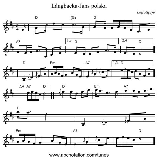 L&aring;ngbacka-Jans polska - staff notation