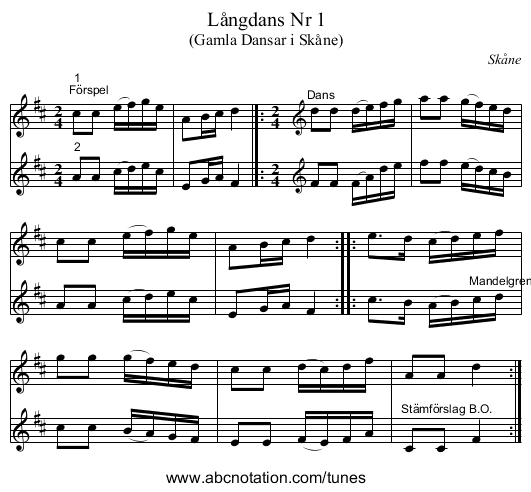 Långdans Nr 1 - staff notation