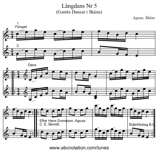 Långdans Nr 5 - staff notation