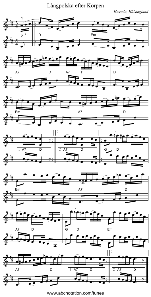 Långpolska efter Korpen - staff notation