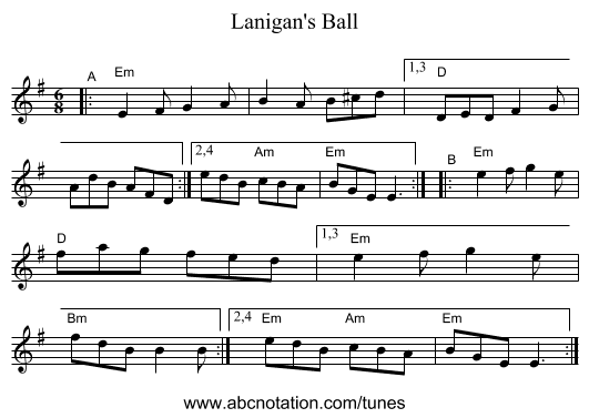 Lanigan's Ball - staff notation