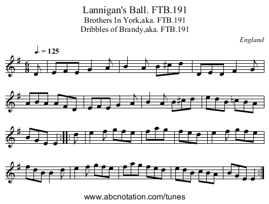 Lannigan's Ball. FTB.191 - staff notation