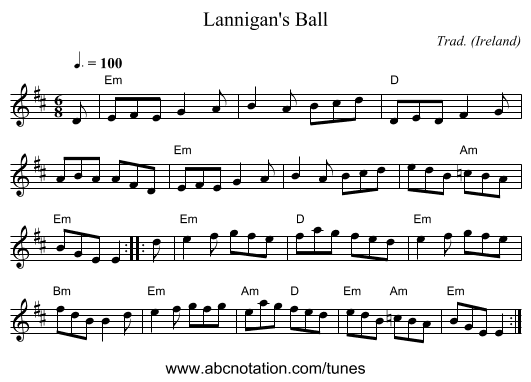 Lannigan's Ball - staff notation