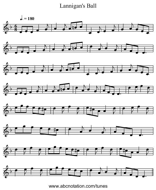 Lannigan's Ball - staff notation