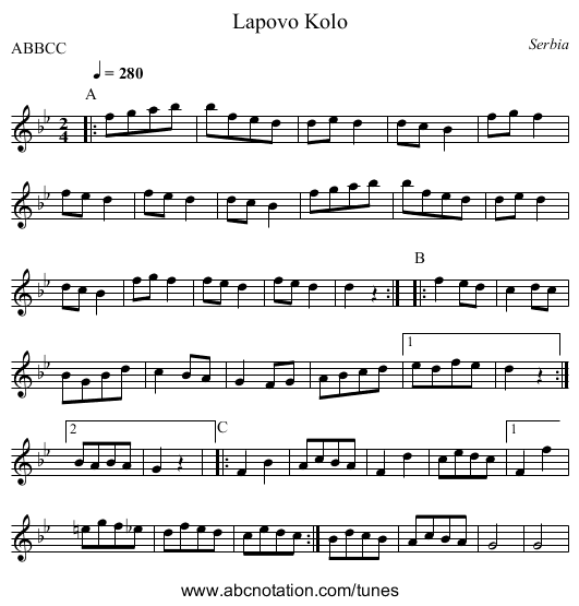 Lapovo Kolo - staff notation