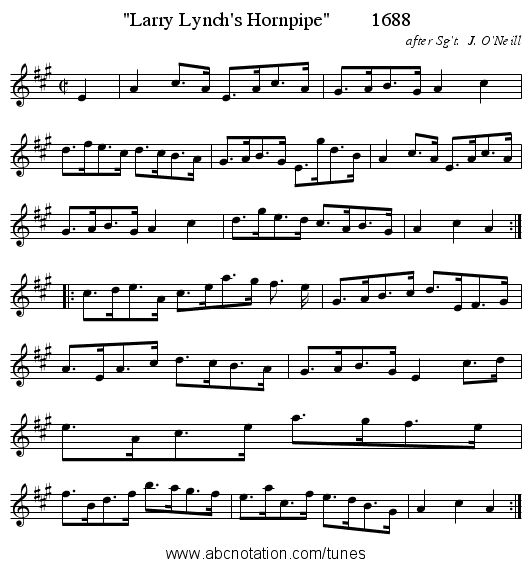 Larry Lynch's Hornpipe        1688 - staff notation