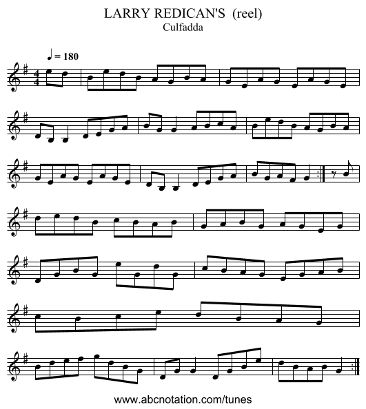 LARRY REDICAN'S  (reel) - staff notation