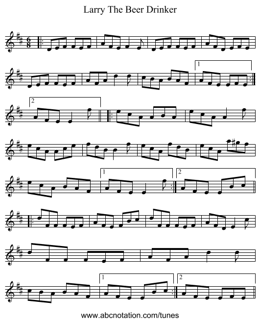 Larry The Beer Drinker - staff notation