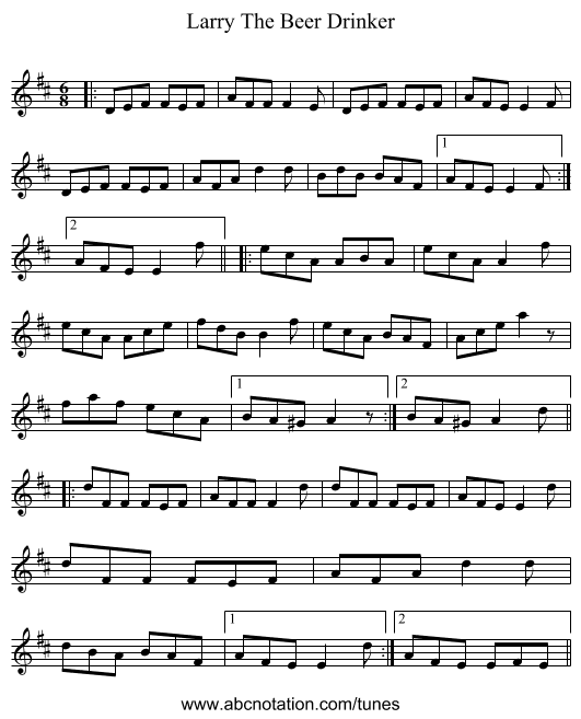 Larry The Beer Drinker - staff notation