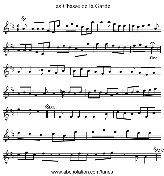 las Chasse de la Garde - staff notation