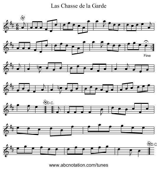 Las Chasse de la Garde - staff notation