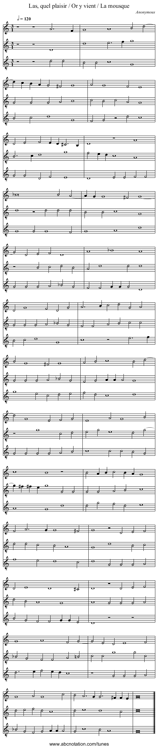 Las, quel plaisir / Or y vient / La mousque - staff notation