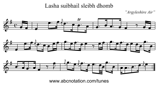 Lasha suibhail sleibh dhomb - staff notation