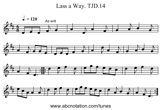 Lass a Way. TJD.14 - staff notation