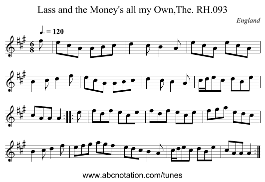 Lass and the Money's all my Own,The. RH.093 - staff notation