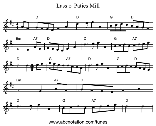 Lass o' Paties Mill - staff notation