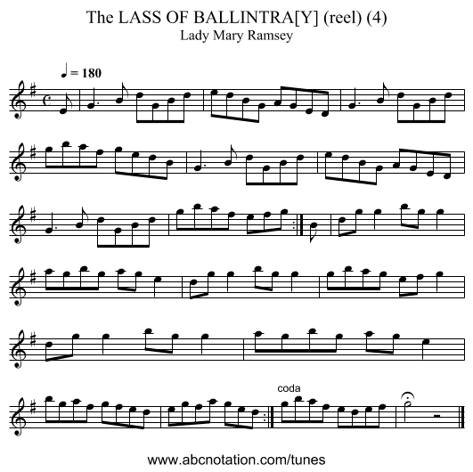 LASS OF BALLINTRA[Y] (reel) (4), The - staff notation