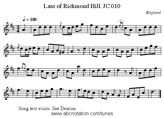 Lass of Richmond Hill. JC.010 - staff notation