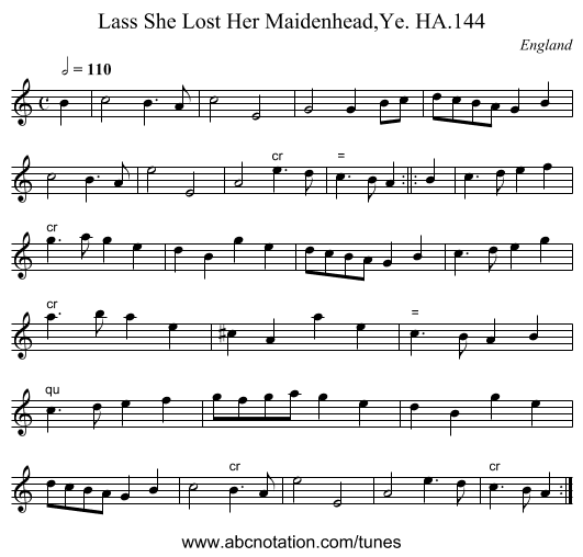Lass She Lost Her Maidenhead,Ye. HA.144 - staff notation