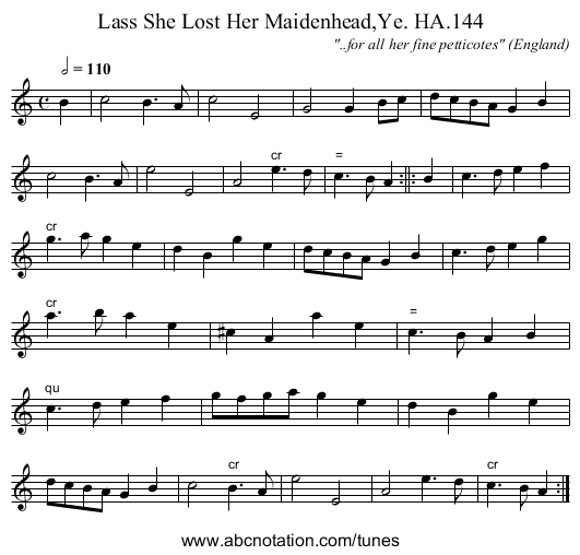 Lass She Lost Her Maidenhead,Ye. HA.144 - staff notation