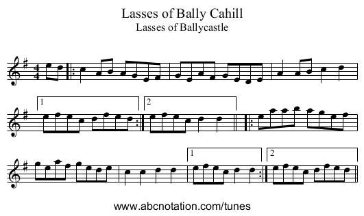 Lasses of Bally Cahill - staff notation