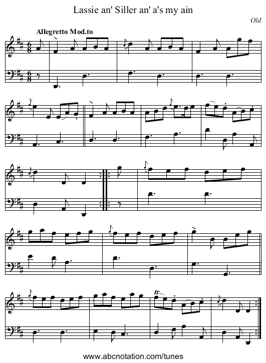 Lassie an' Siller an' a's my ain - staff notation