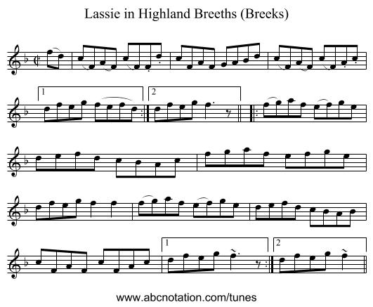 Lassie in Highland Breeths (Breeks) - staff notation