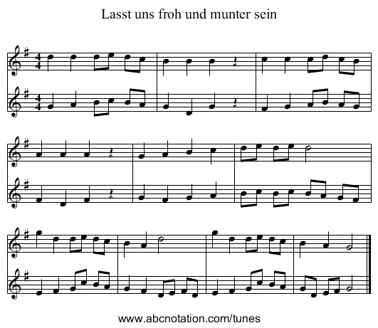 Lasst uns froh und munter sein - staff notation