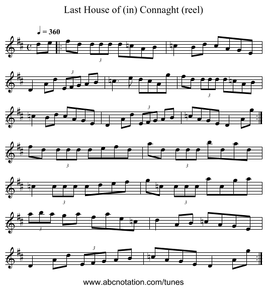 Last House of (in) Connaght (reel) - staff notation