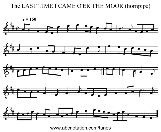 LAST TIME I CAME O'ER THE MOOR (hornpipe), The - staff notation
