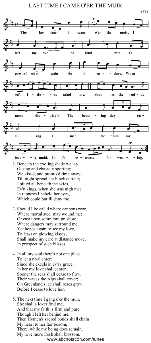 LAST TIME I CAME O'ER THE MUIR - staff notation