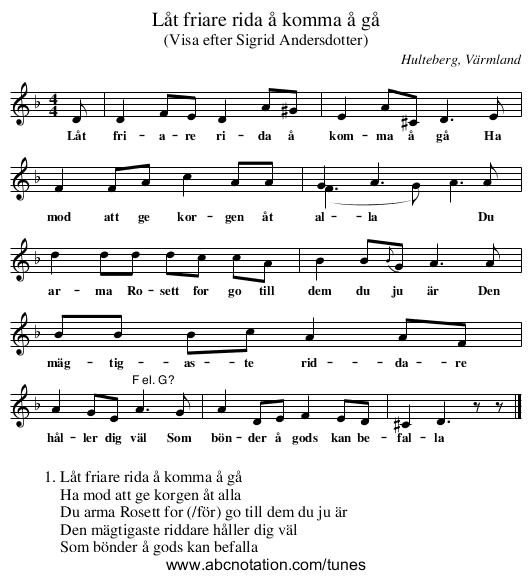Låt friare rida å komma å gå - staff notation