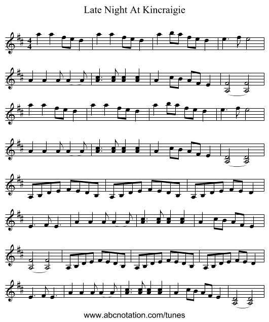 Late Night At Kincraigie - staff notation