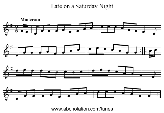 Late on a Saturday Night - staff notation