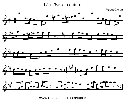 Låtn överom quintn - staff notation