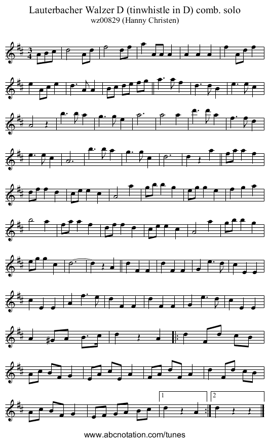 Lauterbacher Walzer D (tinwhistle in D) comb. solo - staff notation