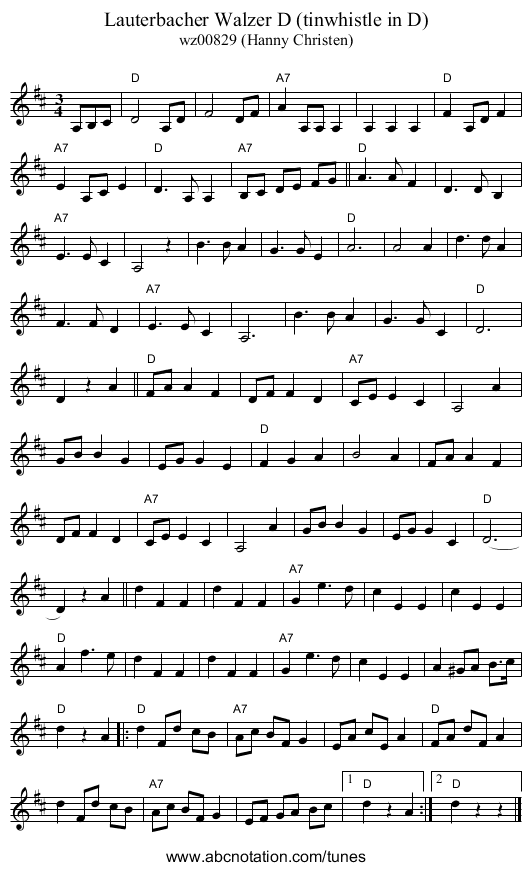 Lauterbacher Walzer D (tinwhistle in D) - staff notation